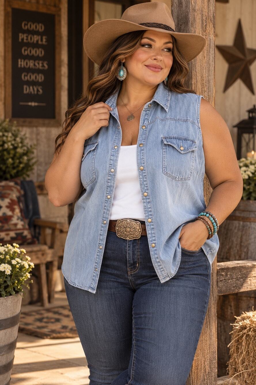 Venezia Jeans Plus Size 26/28 Sleeveless Denim Pearl Snap Western Shirt